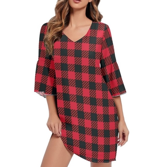 Black Red Buffalo Check Plaid V-Neck Bell Sleeve Sweet & Cute Shift Mini Dress - Picture 1 of 6